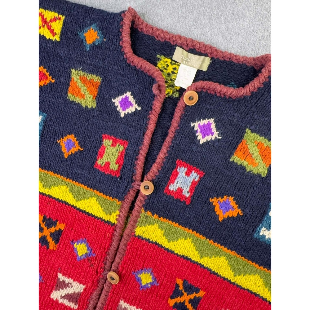 90s Territory Ahead Wool Patchwork Cardigan Size Medium Aztec AOP Chunky Knit